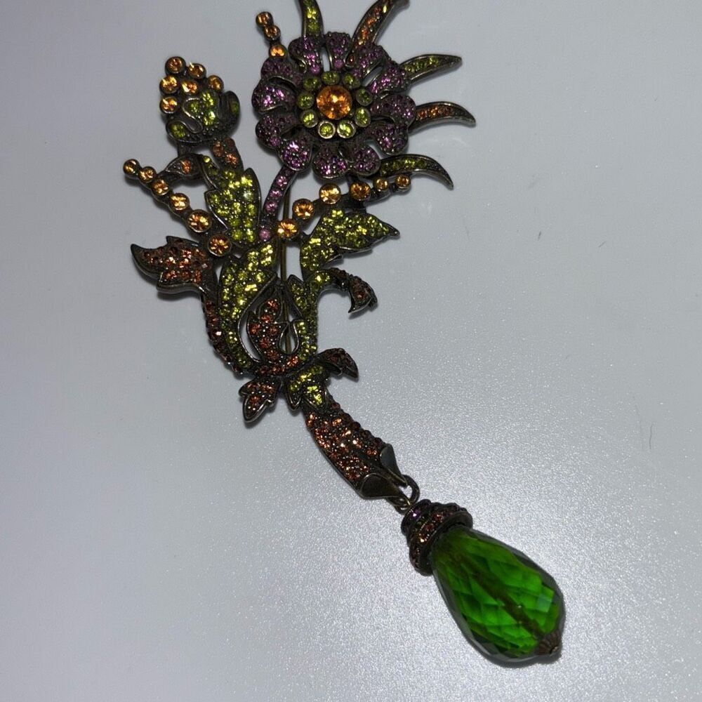 Heidi Daus Large Brooch Pin Purple/Green Flower Hanging/Dangle Bead Swarovski